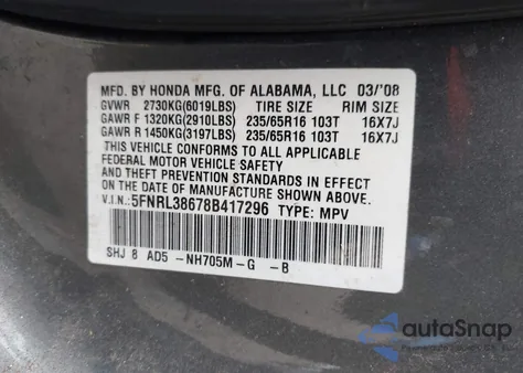 2008 Honda Odyssey Ex-L from USA, damaged, VIN 5FNRL38678B417296